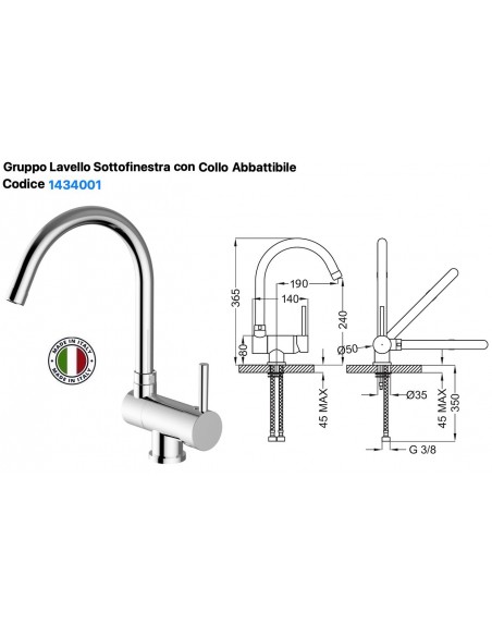 MISCELATORE LAVELLO DA PIANO  SOTTOFINESTRA COLLO PIEGHEVOLE