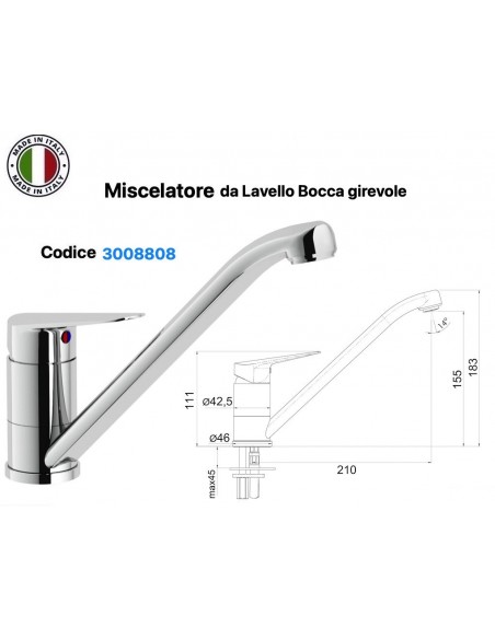 MISCELATORE LAVELLO CERO DA CUCINA COLLO GIREVOLE