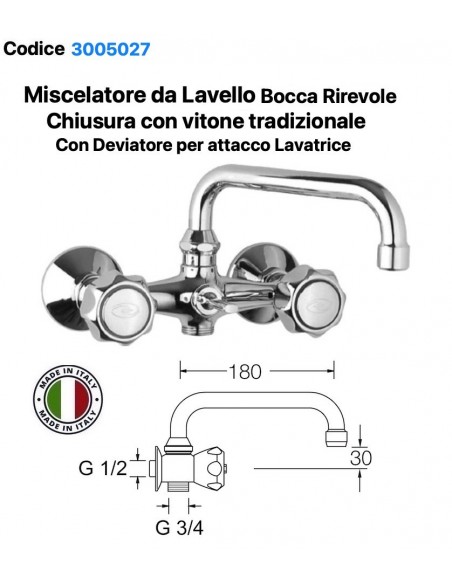 MISCELATORE LAVELLO TRADIZIONALE CON DEVIATORE BOCCA GIREVOLE ALTA DA CM.20