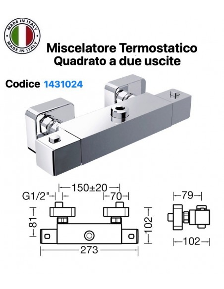 QUADRATISCHER THERMOSTATMISCHER FÜR DEN AUSSENEINSATZ MIT ZWEI AUSGÄNGEN UND 1/2 ZOLL DURCHMESSER