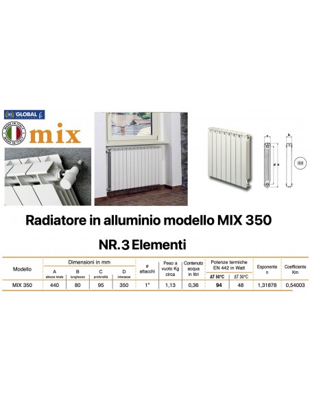 ALUMINIUMHEIZKÖRPER GLOBAL MIX 350 BATTERIE 3 ELEMENTE
