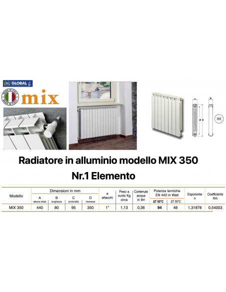 RADIATORE IN ALLUMINIO GLOBAL MIX 350 ELEMENTO SINGOLO