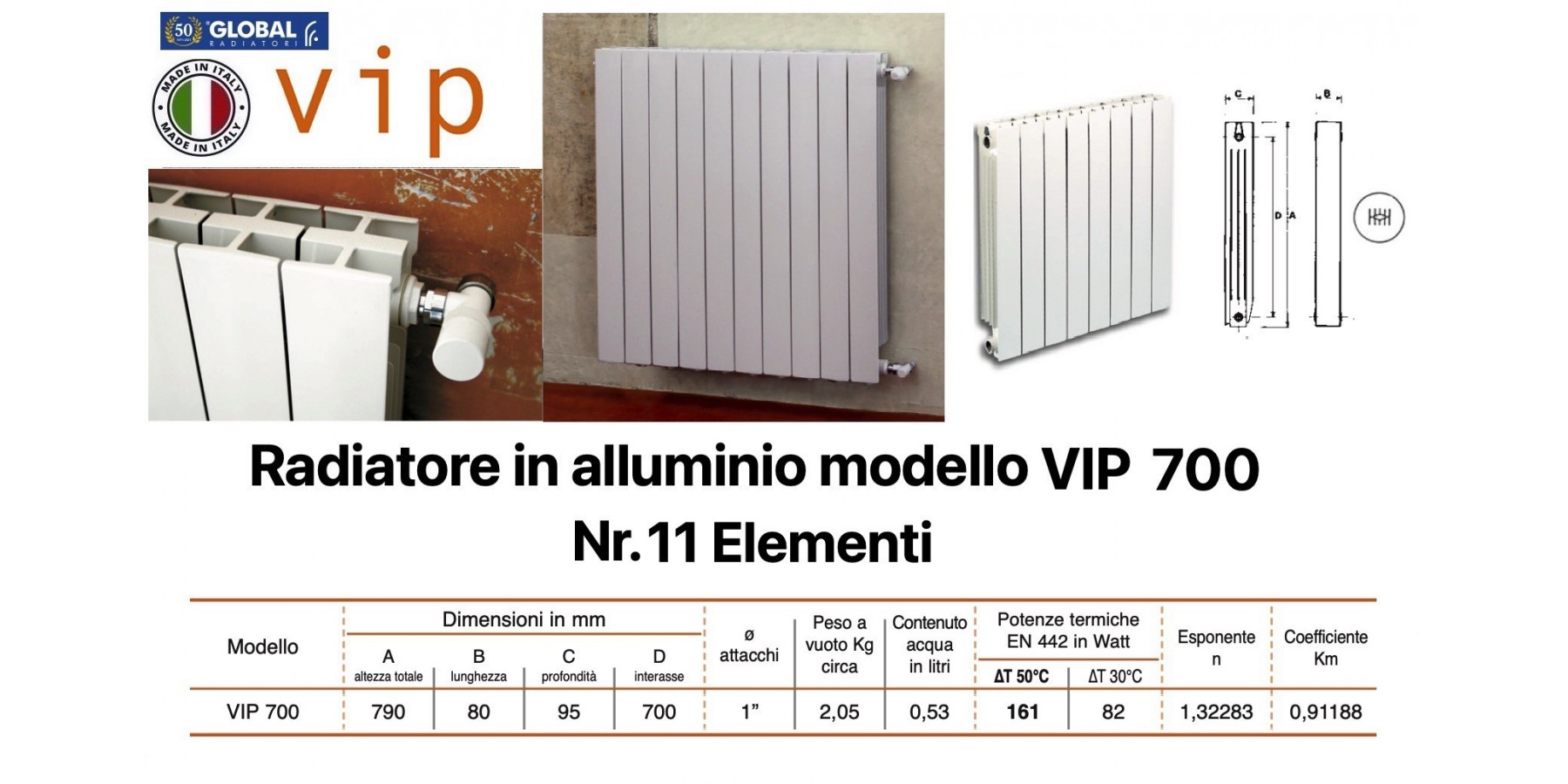 Global - Radiatore in alluminio Vip interasse 700 altezza 800