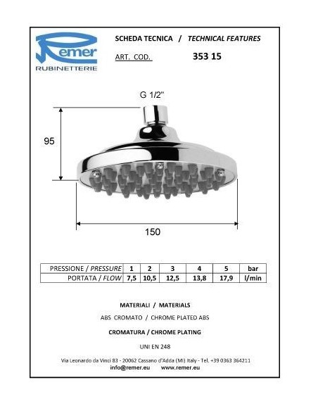 SOFFIONE REMER A PIOGGIA DIAM.15