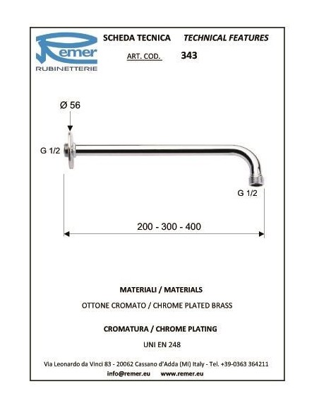 BRACCIO DOCCIA LEGGERO OTTONE CROM.ATO CM.25