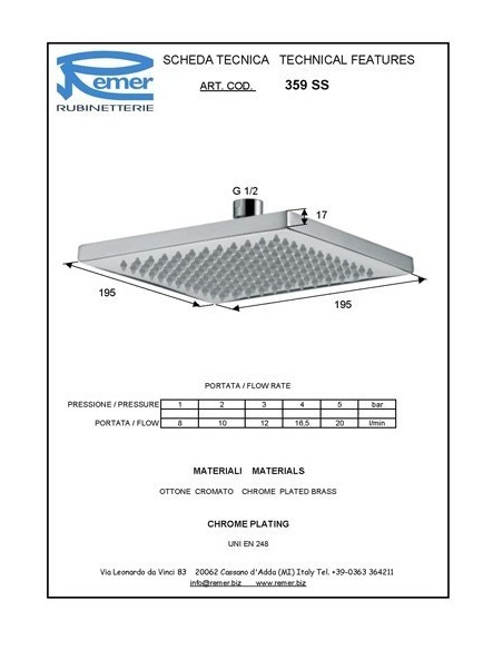 SOFFIONE REMER QUADRATO 20X20 OTTONE PESANTE