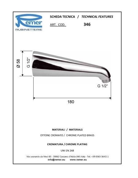 BRACCIO DOCCIA FUSO CM.20 IN OTTONE PESANTE