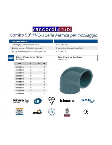 GOMITO PVC INCOLLAGGIO DIAMETRO 90 GRADI 90