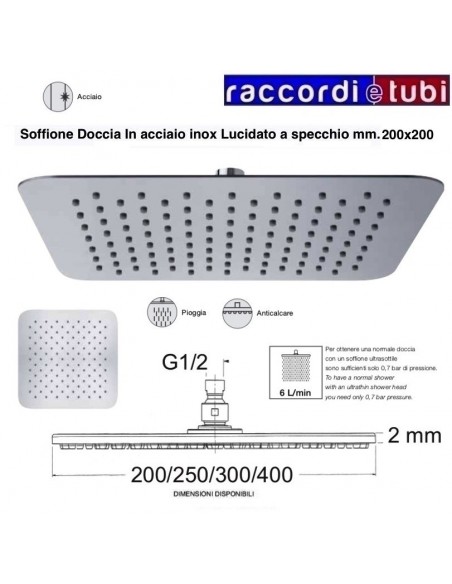 SOFFIONE INOX QUADRATO ANGOLI STONDATI PLETY SQUARE 200X200 mm