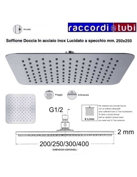 SOFFIONE INOX QUADRATO ANGOLI STONDATI PLETY SQUARE 250X250 mm