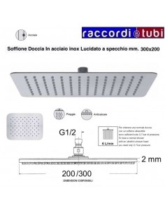 SOFFIONE INOX RETTANGOLARE  ANGOLI STONDATI PITCH 300X200 mm