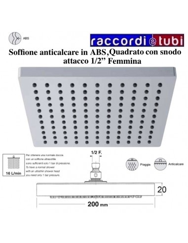 SOFFIONE ANTICALCARE IN ABS QUADRATO 200X200 mm
