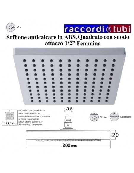 SOFFIONE ANTICALCARE IN ABS QUADRATO 200X200 mm