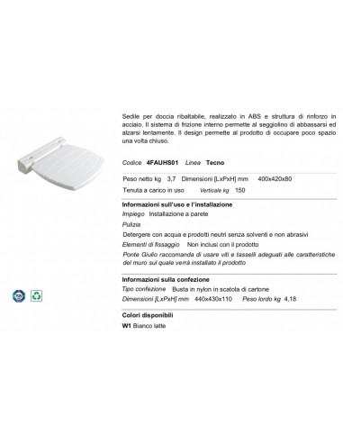 SEGGIOLINO RIBALTABILE PER DOCCIA BIANCO PONTE...