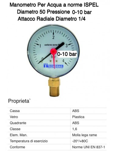 MANOMETRO RADIALE 10bar Diametro 50mm