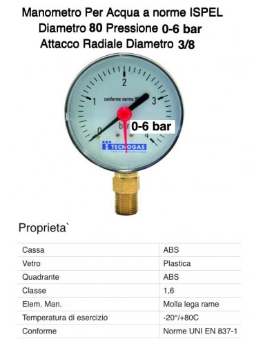 MANOMETRO RADIALE  6bar Diametro 80mm