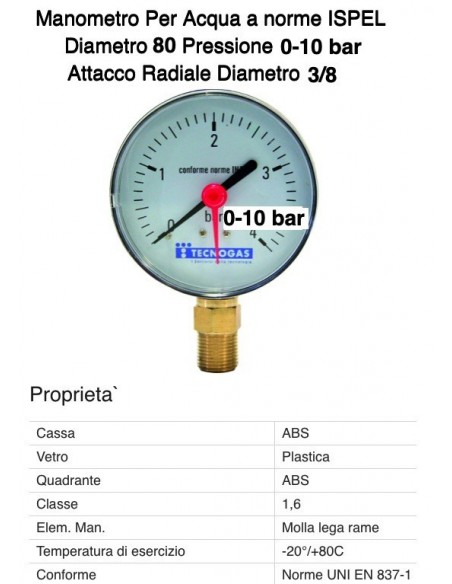 RADIALMANOMETER 10bar Durchmesser 80mm