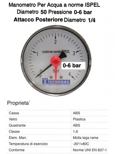 MANOMETRO ATTACCO POSTERIORE 1/4 6bar Diametro...