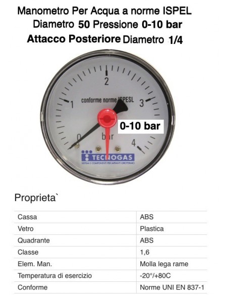Manometer mit rückwärtigem Anschluss 1/4 10 bar Durchmesser 50 mm