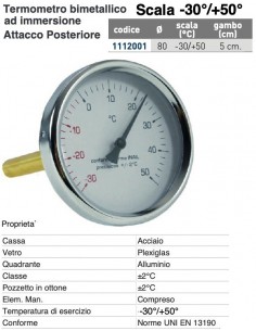 Bimetall-Thermometer -30/50 Axial D.80 mm Schaft mm.50