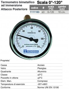 BI-METALLTHERMOMETER 0/120 Axial D.63 mm Schaft mm.100