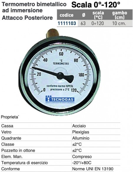 TERMOMETRO BIMETALLICO 0/120 Assiale D.63 mm Gambo mm.100