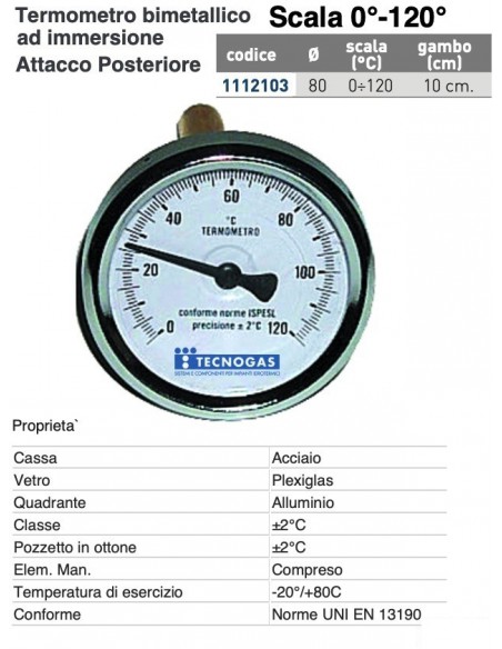 TERMOMETRO BIMETALLICO 0/120 Assiale D.80 mm Gambo mm.100