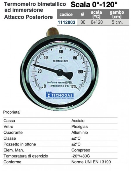 TERMOMETRO BIMETALLICO 0/120 Assiale D.80 mm Gambo mm.50
