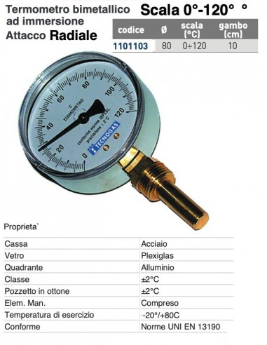 TERMOMETRO BIMETALLICO 0/120 Radiale D.80 mm...