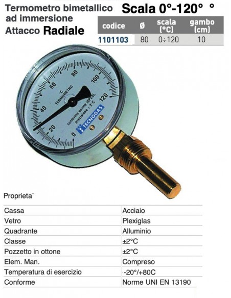 BIMETALLISCHES THERMOMETER 0/120 Radial D.80 mm Schaft mm.100