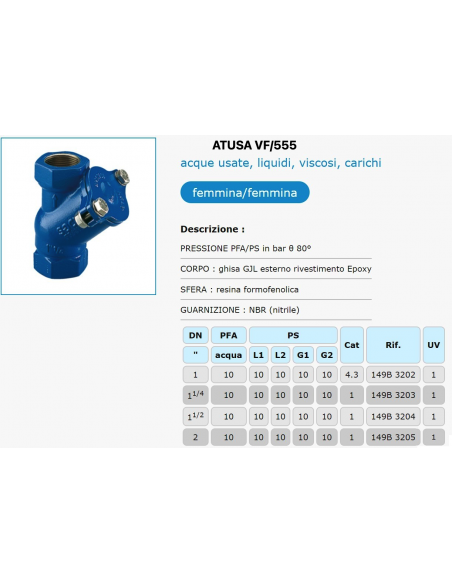VALVOLA DI NON RITORNO ATUSA  A PALLA 1.1/2
