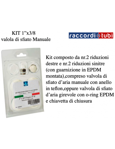 KIT riduzioni per RADIATORI in ALLUMINIO flangia mm.42  1''x3/8 Ral 9010 sfiato manuale