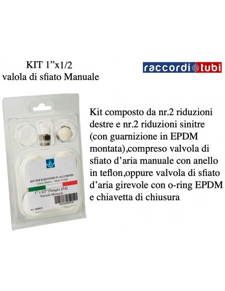 REDUZIERUNGS-KIT für ALUMINIUM RADIATOREN Flansch mm.42  1''x1/2 Ral 9010 manuelle Entlüftung