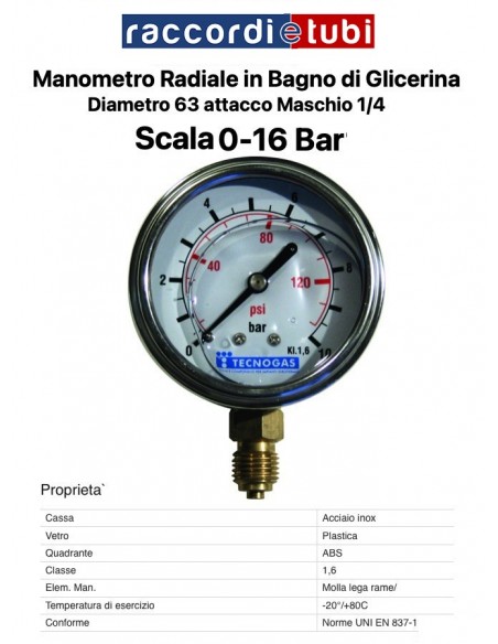MANOMETRO RADIALE  16 bar DIAMETRO 63 GLICERINA