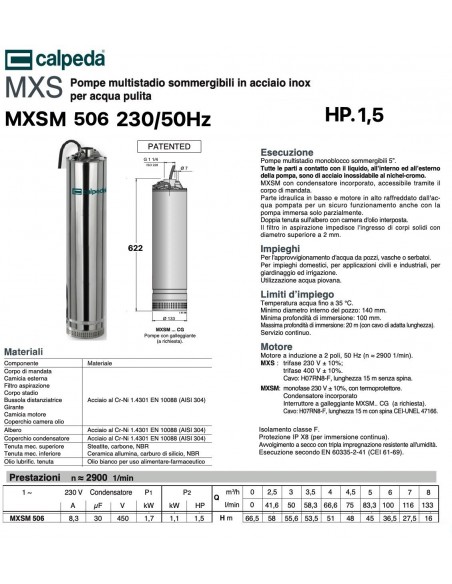 ELETTROPOMPA CALPEDA HP.1,5 MXS 506 220V 5" IMMERSIONE