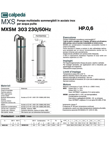 ELETTROPOMPA CALPEDA HP.0,6 MXSM 303/A 220V 5"...
