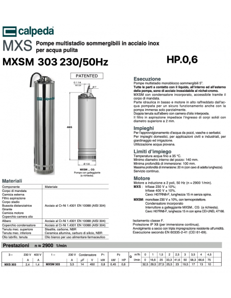ELETTROPOMPA CALPEDA HP.0,6 MXSM 303/A 220V 5" IMMERSIONE
