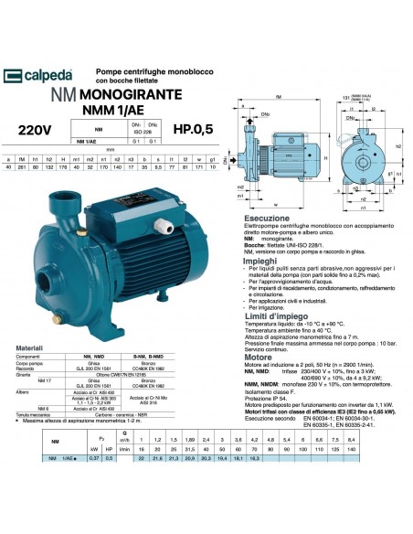 ELETTROPOMPA CALPEDA HP.0,5 NMM 1/AE 220V MONOGIRANTE