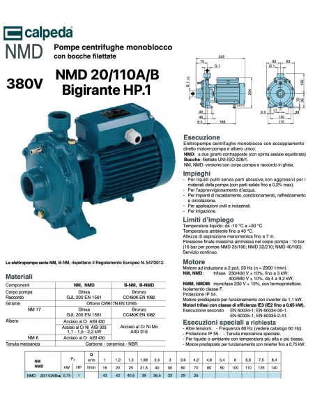 ELETTROPOMPA CALPEDA HP.1 NMD 20/110A/B 380V BIGIRANTE