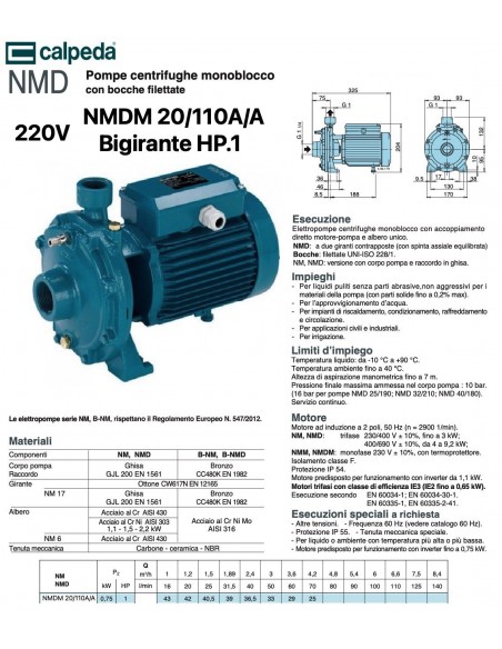 ELETTROPOMPA CALPEDA HP.1 NMDM 20/110A/A 220V BIGIRANTE
