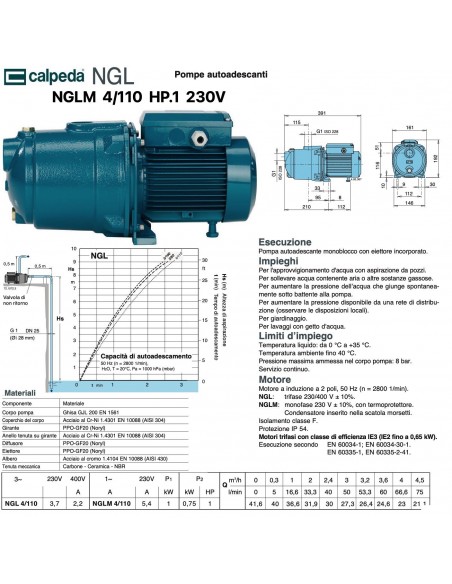 ELETTROPOMPA CALPEDA NGLM 4/110 220V HP.1 AUTOADESCANTE