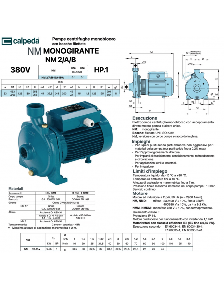 ELEKTROPUMPE CALPEDA NM 2/A/B 380V HP.1 EINLAUFRAD