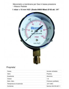 Radialmanometer für Gas 0/600 mbar D.63mm