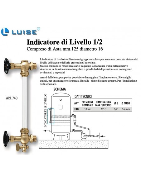 INDICATORE DI LIVELLO COMPLETO DI NR.2 RUBINETTI 1/2 CON  ASTA TRASPARENTE CM.125 da DIAMETRO 16
