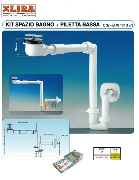 SIFONE LIRA SPAZIO LIRA BAGNO NT  PILETTA BASSA 32X1.1/4 SCARICO 40 A.3200.01