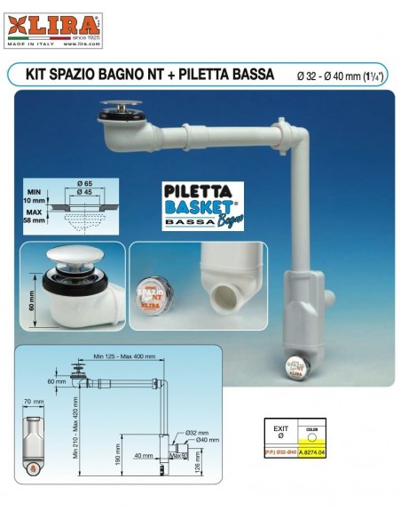 SIFON LIRA SPAZIO BAD NT PILETTE NIEDRIG 32X1.1/4 ABFLUSS 40 A.8274.04