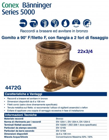 GOMITO A 90° FILETTO FEMMINA CON FLANGIA 22x3/4'