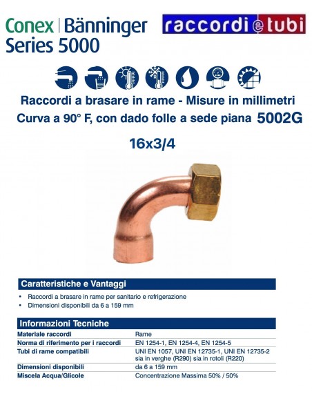 Curva a 90° con dado folle e sede piana 16x3/4''