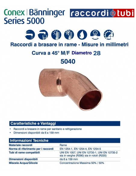 CURVA 45° MASCHIO FEMMINA  DIAMETRO 28mm