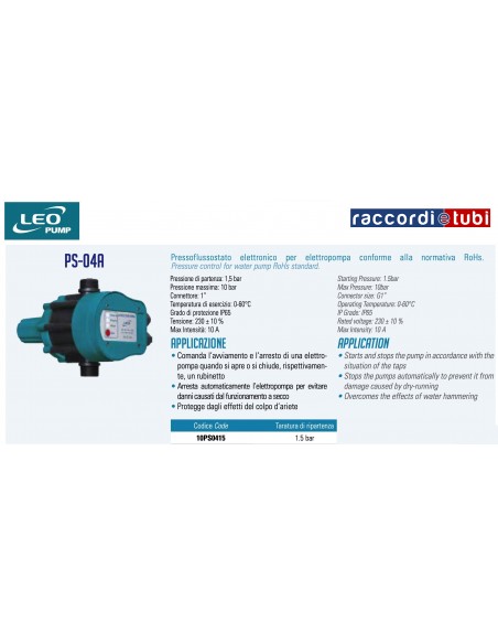 Pressoflussostato elettronico per elettropompa diametro 1" conforme alla normativa RoHs.